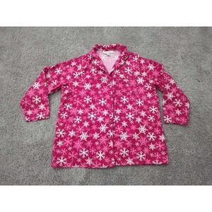 Dreams‎ & Co Pajama Top Womens M Pink Snowflake Print Collared Button Up